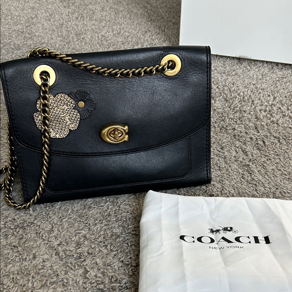 Coach Black Parker Bag with custom floral accents
